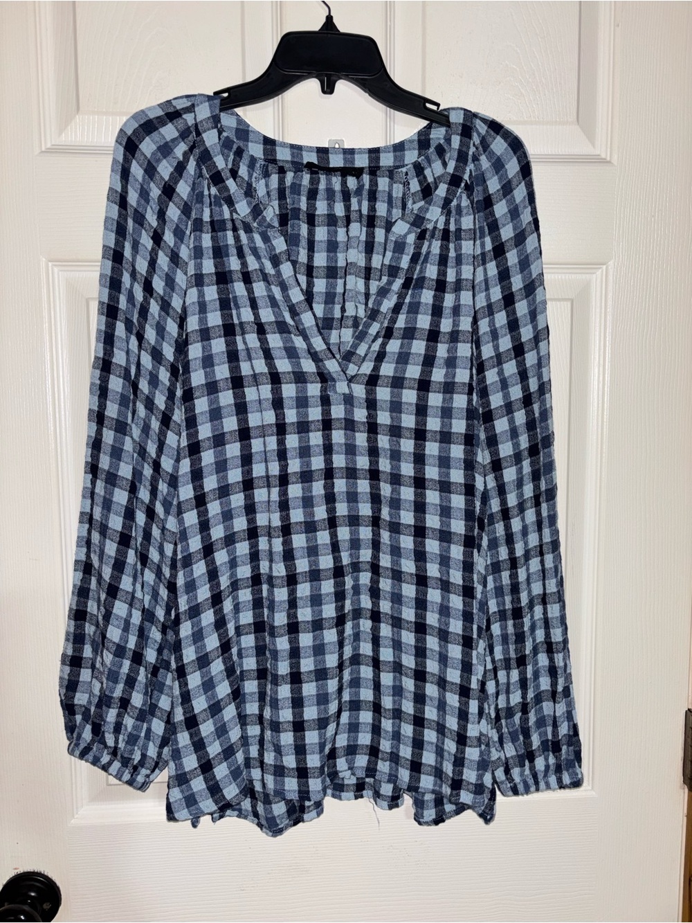 Jane and Delancey Light Blue and Navy Plaid V‑Neck Peasant Blouse
